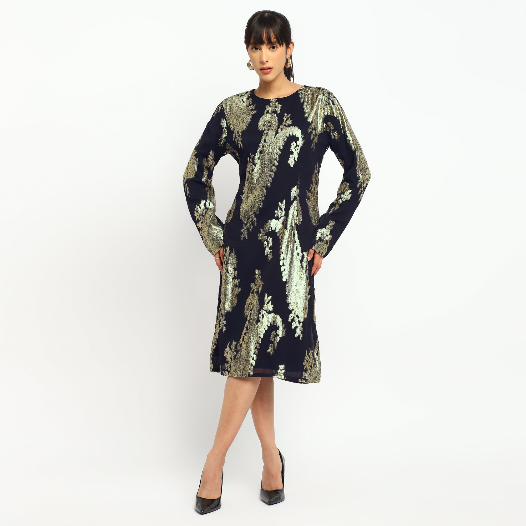 Regal Gold Paisley Midi Dress